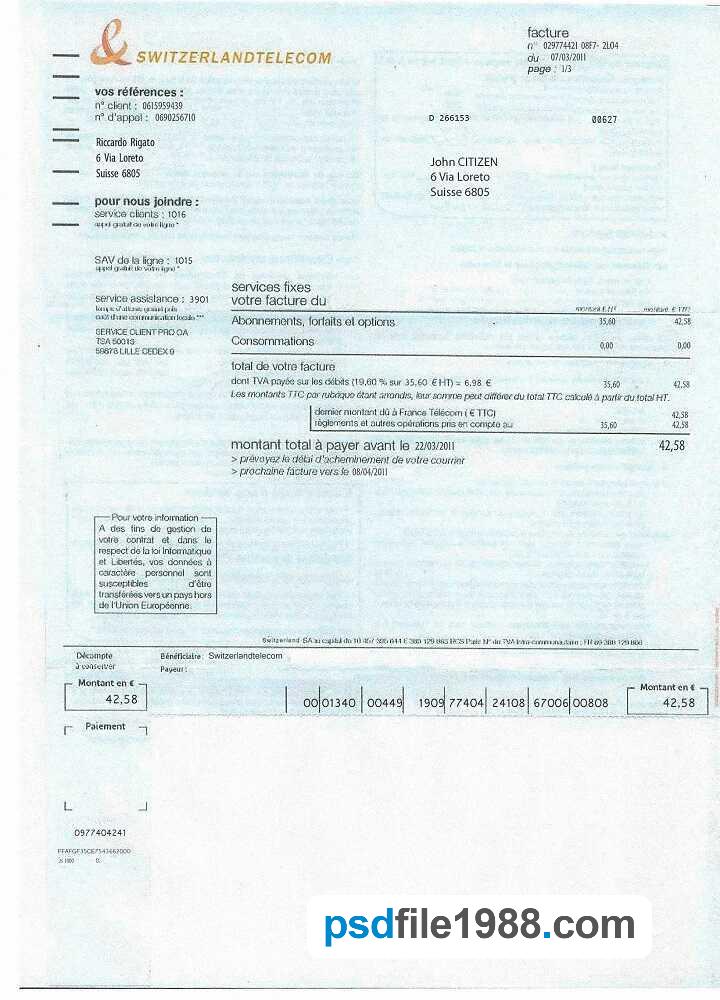 Switzerland Telecom Utility Bill